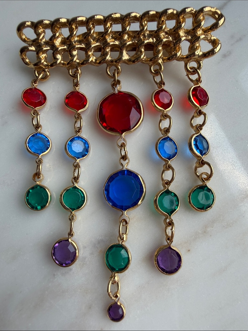 Vintage Cabochon Gold Multi-Color Gemstone Fringe Necklace- Retro ,Art Deco - Picture 3 of 4